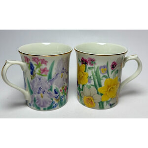 2 Vintage Lenox 1995 Mugs Flower Blossom Collection Suzanne Clee Iris Daffodil